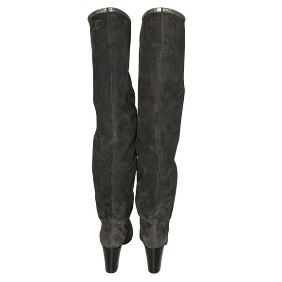 Chanel Interlocking C Grey Suede Fold Over Metallic Thigh Knee High Boots EU 38 - Picture 8 of 11